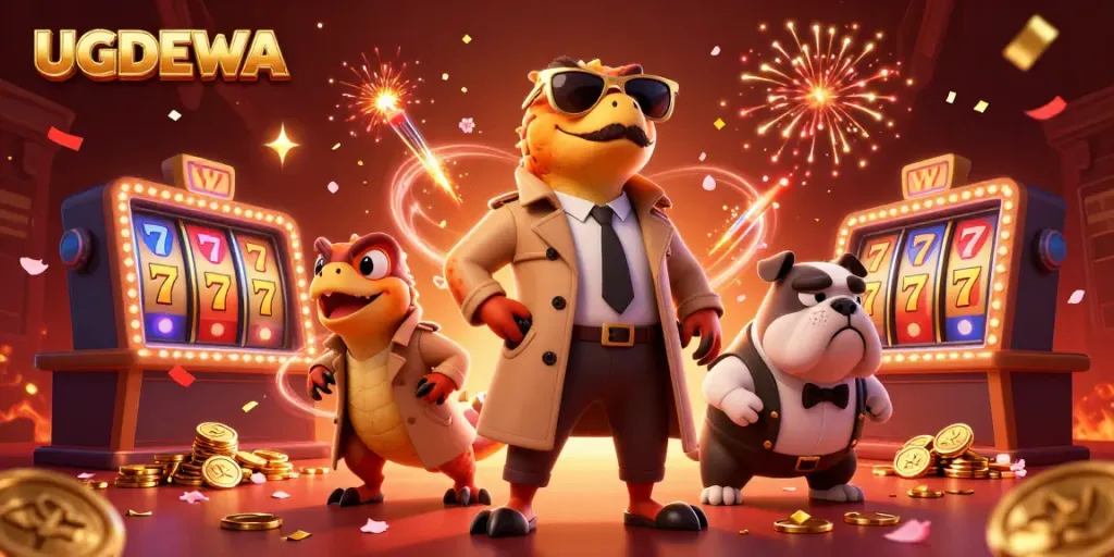 Experience the excitement of UGDEWA casino with raptors sneaking into VIP lounge amidst slot reels and fireworks.