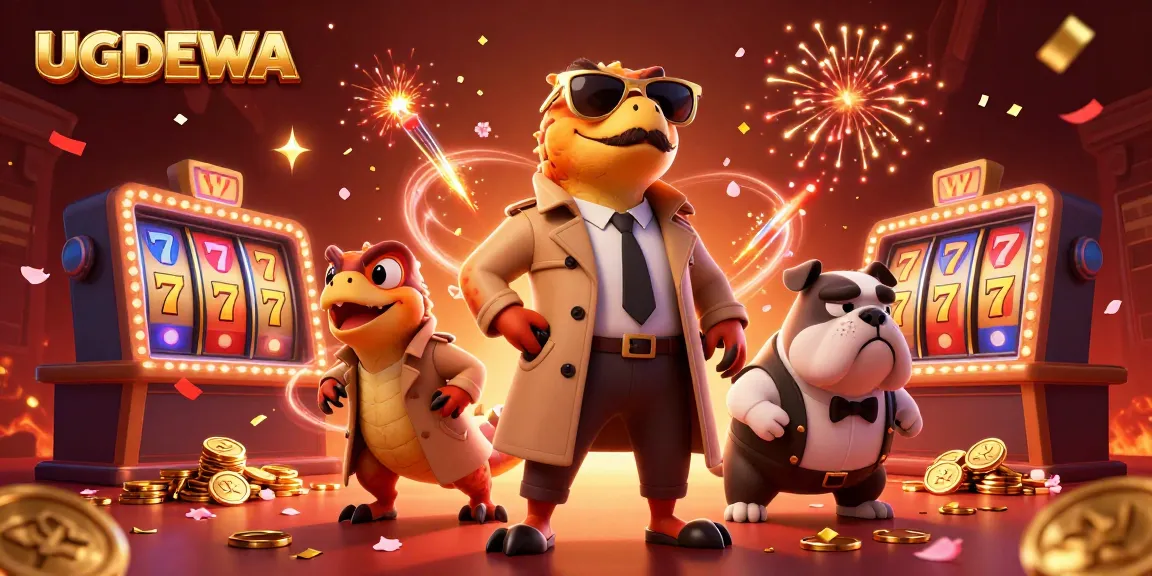 Experience the excitement of UGDEWA casino with raptors sneaking into VIP lounge amidst slot reels and fireworks.