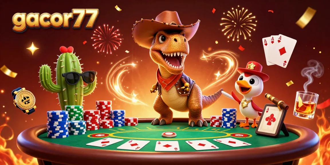Gacor77 menunjukkan dinosaur cowboy dan teman-teman di meja poker yang meriah.