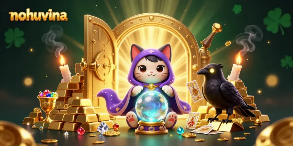 Spin to win at nohuvina: A mystical 3D scene filled with treasures and fortune, featuring vibrant casino elements.
