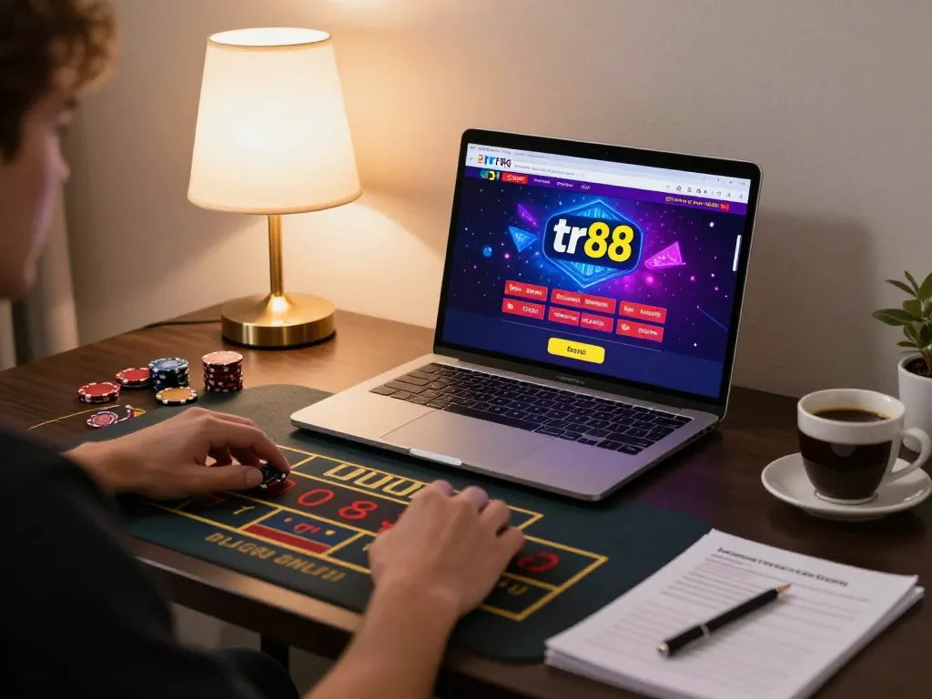 Engaging in a strategic tr88 online casino game with live dealer, cozy home environment.