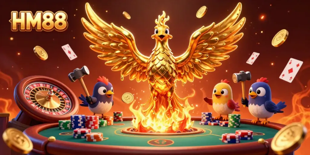 Experience the excitement of HM88 with a dynamic golden phoenix emerging in a vibrant casino scene.