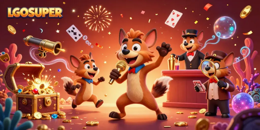 Experience the vibrant LGOSUPER casino environment with hyenas entertaining guests at a lively comedy show.