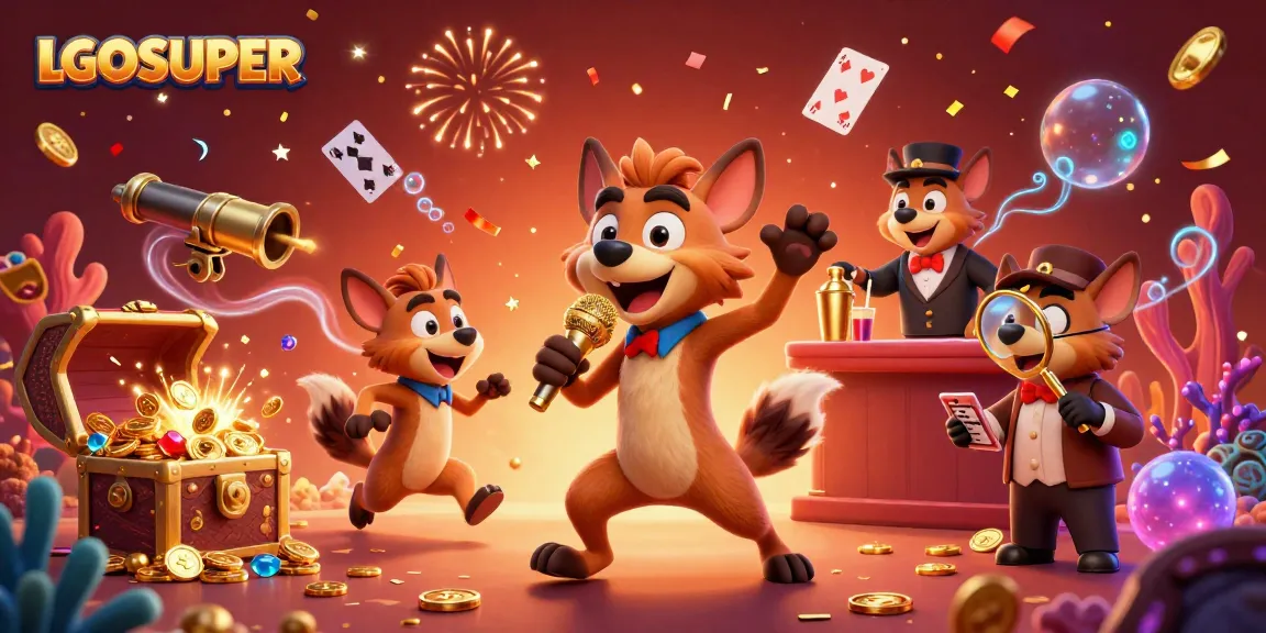Experience the vibrant LGOSUPER casino environment with hyenas entertaining guests at a lively comedy show.