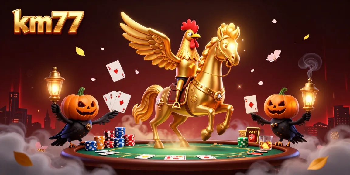 Join the action at km777 with vibrant casino elements and lively characters in a captivating illustration.