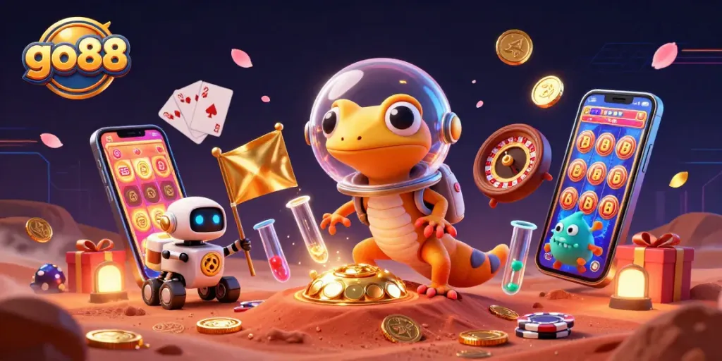 Go88 Martian gecko explores a hidden casino, surrounded by vibrant gaming elements and excitement.