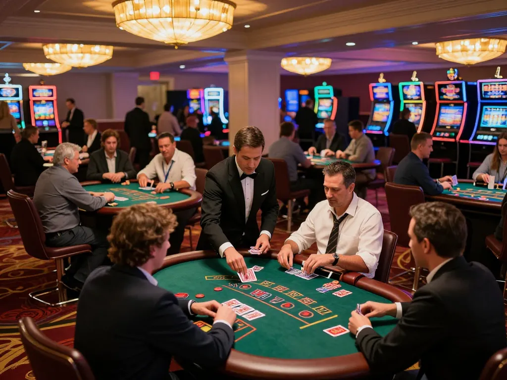 VA88 players strategizing around blackjack tables in an upscale casino atmosphere