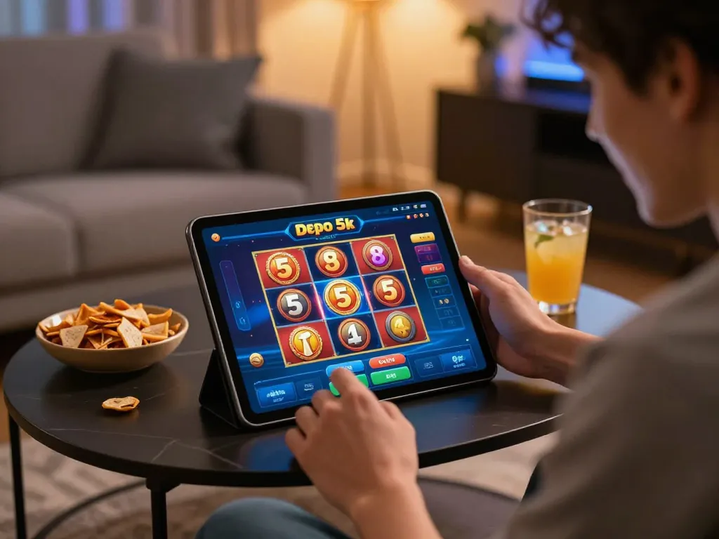 Menghadapi momen kemenangan bermain slot depo 5k di tablet dalam suasana rumah yang nyaman.
