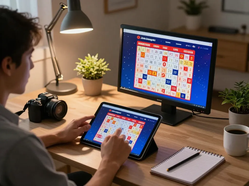 Orang berinteraksi dengan tablet Jalatogel untuk perjudian online di kantor rumah yang nyaman dan terang benderang.