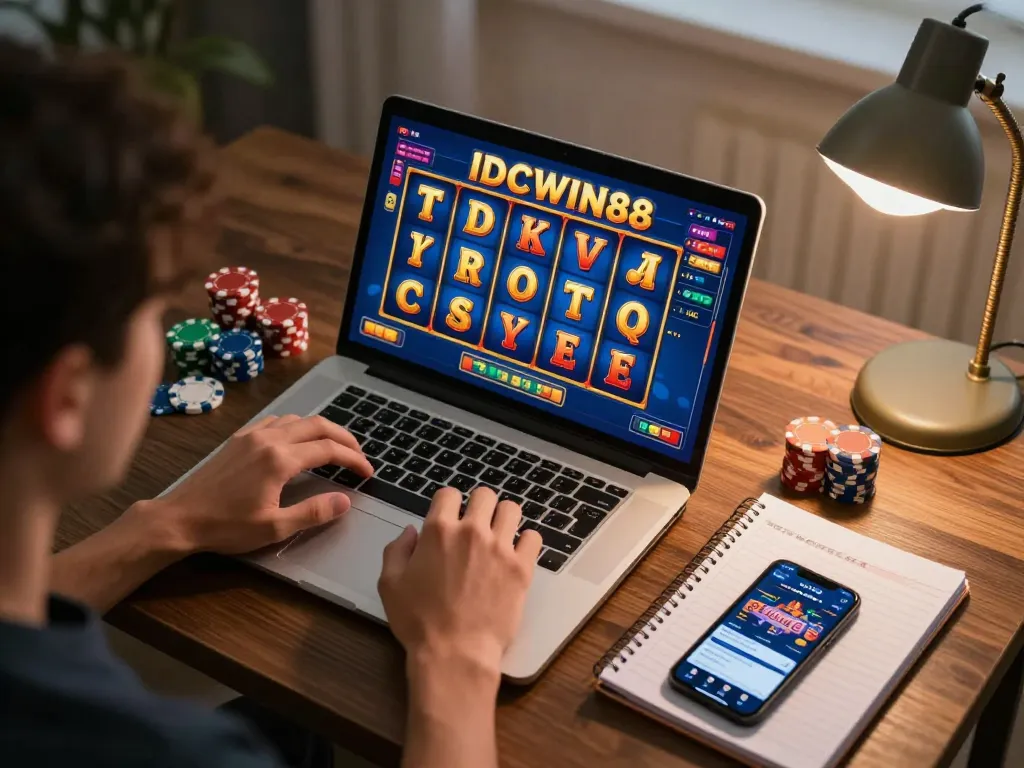 Engaging with IDCWIN88 slot games, a player showcases strategic gambling in a cozy home atmosphere.
