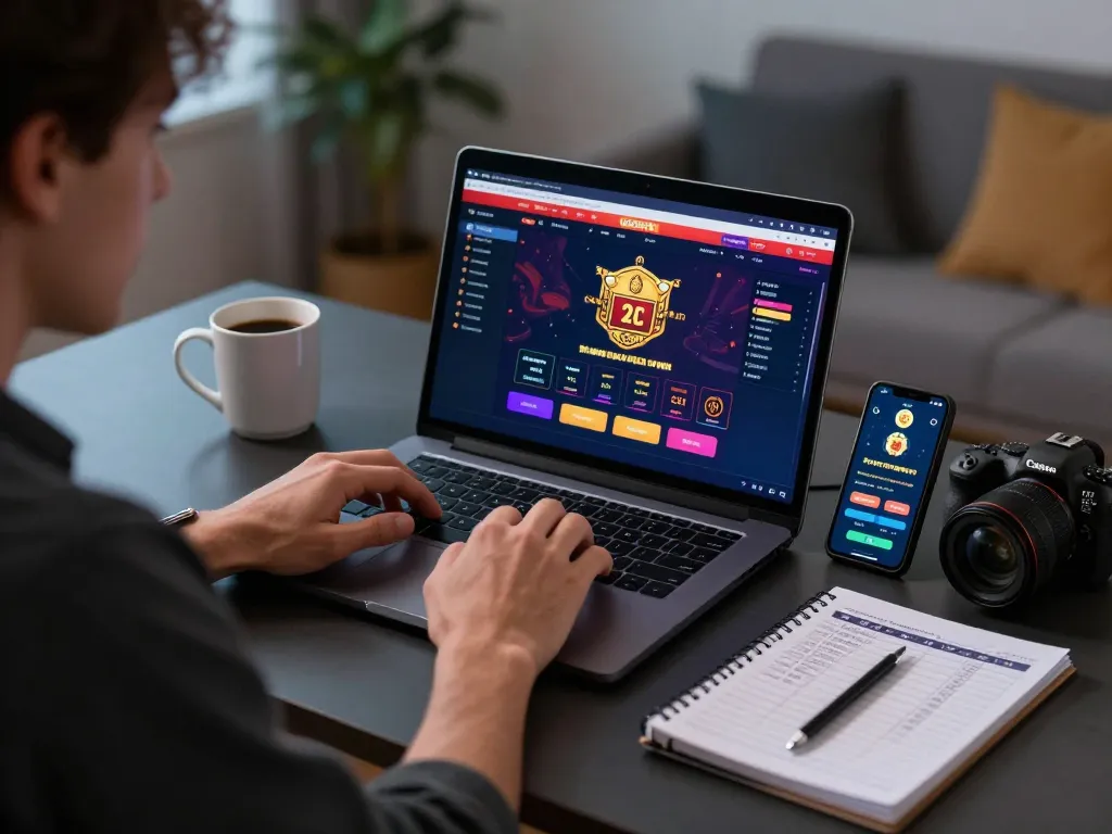 Engaged player using UGDEWA online casino on a laptop for strategic betting and responsible gambling.