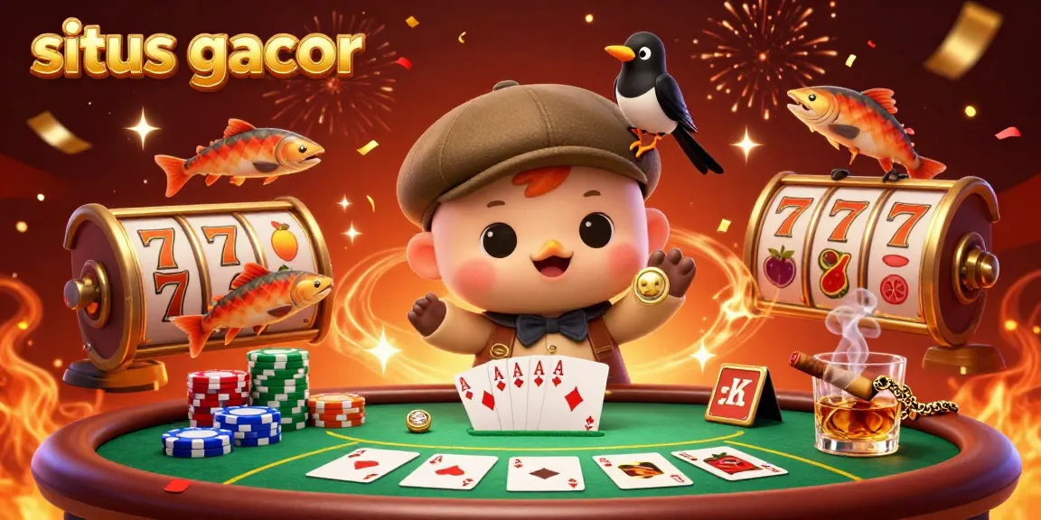 Win big on situs gacor with this lively 3D illustration showcasing Nessie, a playful magpie, and slot symbols.