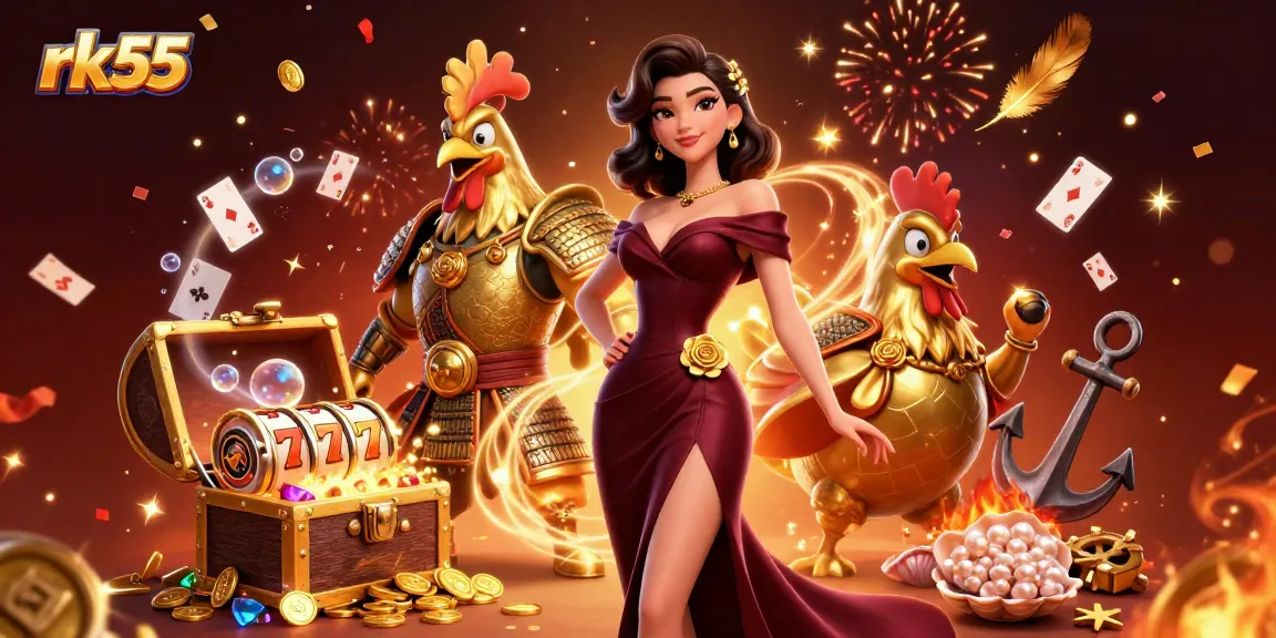 Experience thrilling games at rk55 casino, featuring a glamorous scene with jackpot slots and vibrant characters.