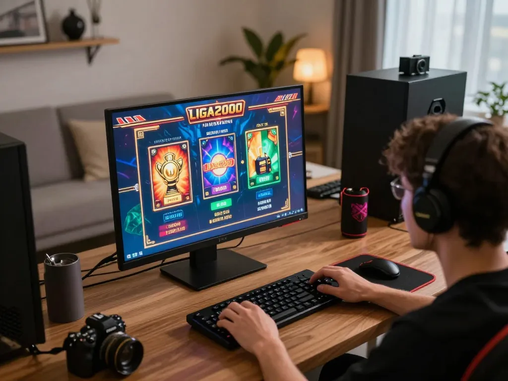 LIGA2000 player enjoying an immersive online slot game in an inviting home environment.