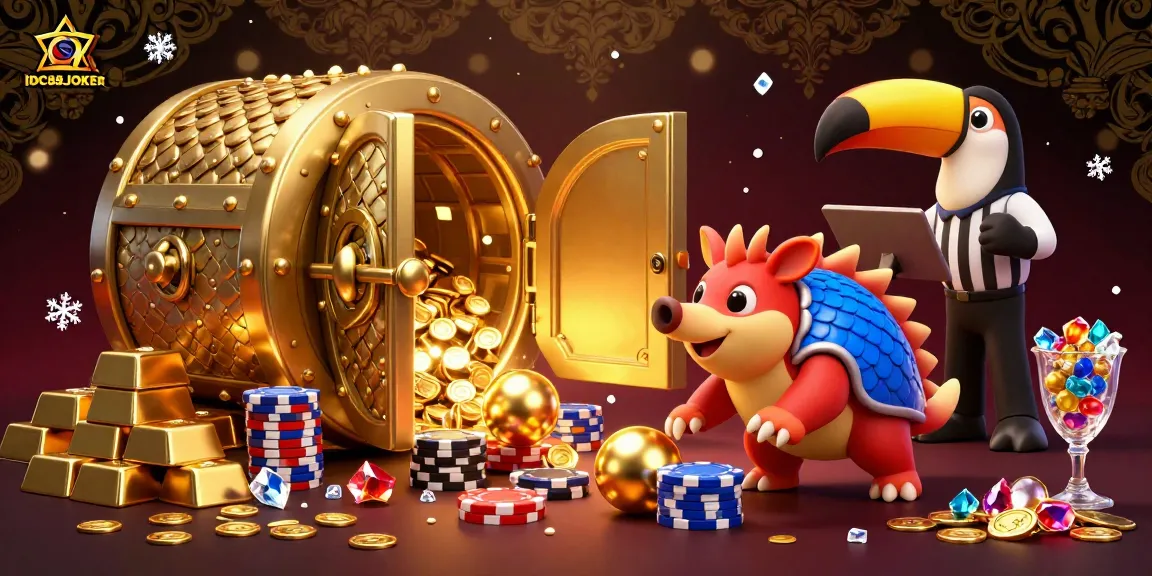 Experience excitement with IDC88JOKER as rival pangolins roll into golden balls amidst poker chips and dazzling treasures.