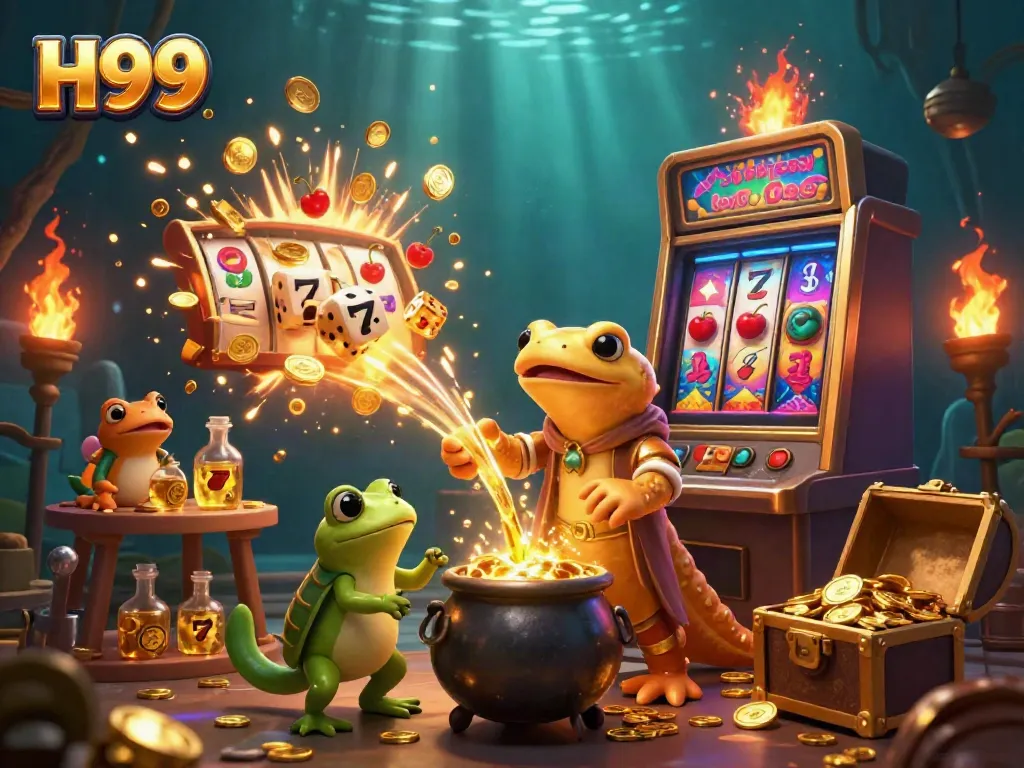 Experience the excitement of H99 casino games with captivating gold elements and animated characters.