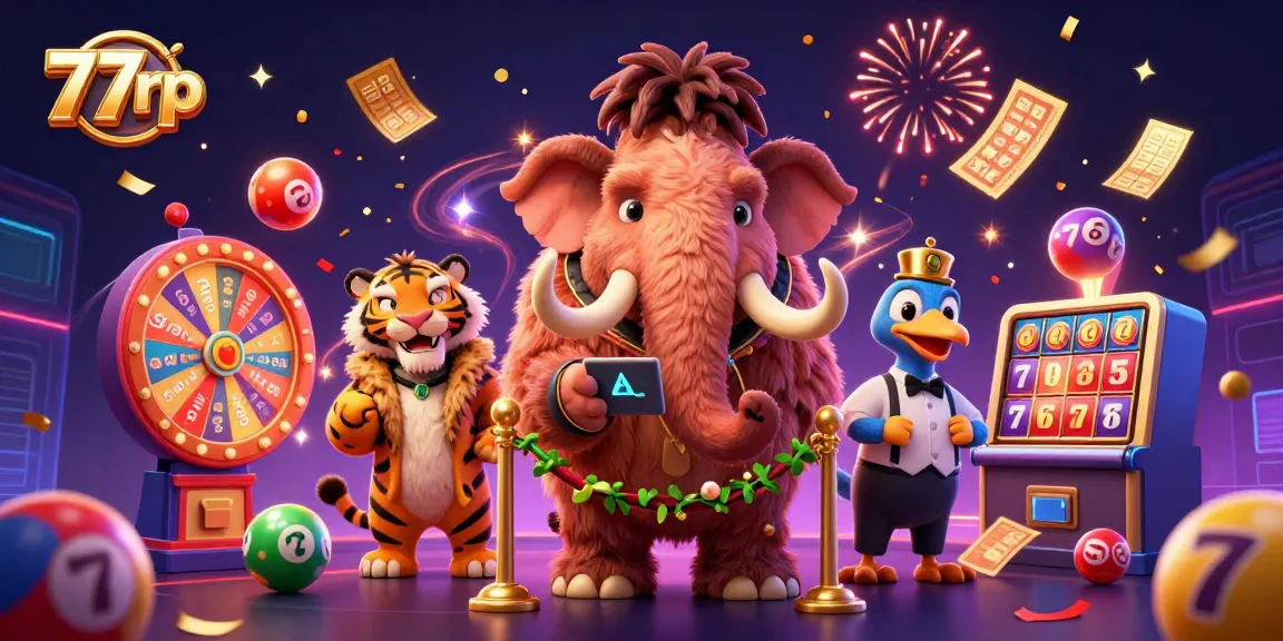 Experience the excitement of 77rp with vibrant lottery elements and whimsical characters in a casino scene.