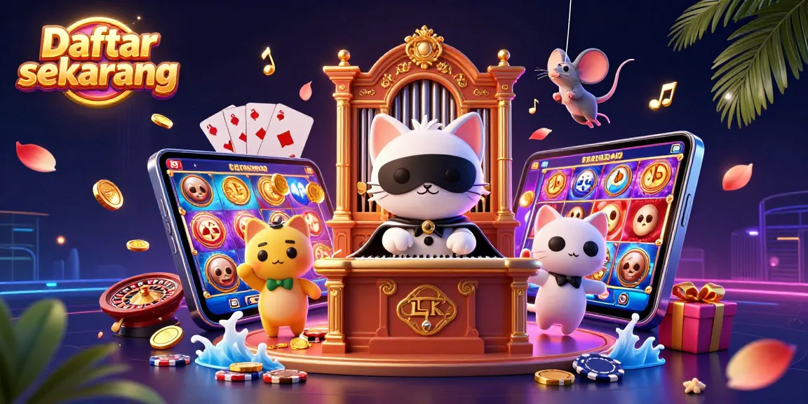 Rasakan petualangan kasino yang dinamis dengan "Daftar sekarang" saat kucing hantu memainkan organ di tengah ledakan permainan slot.