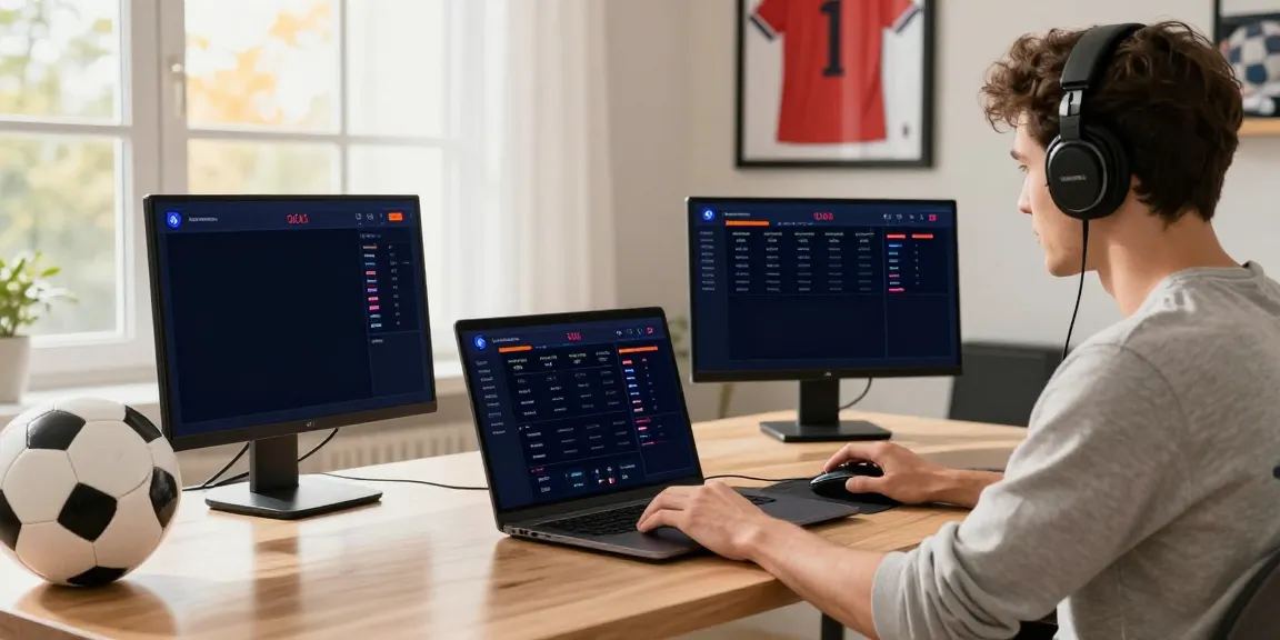 Kantorbola user engaging in online betting from a modern home setup with vibrant sports memorabilia.