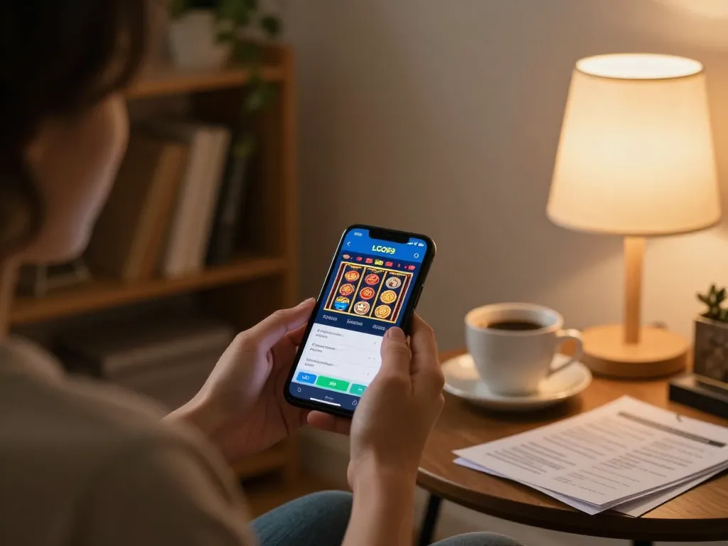 LGO99 app interface displayed on smartphone during online gambling session in cozy home setup
