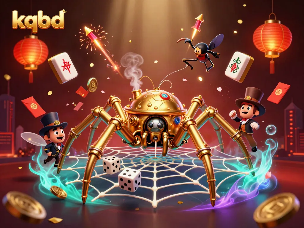 Catch the excitement with KQBD: a dynamic 3D illustration showcasing a steampunk spider and gambling elements.