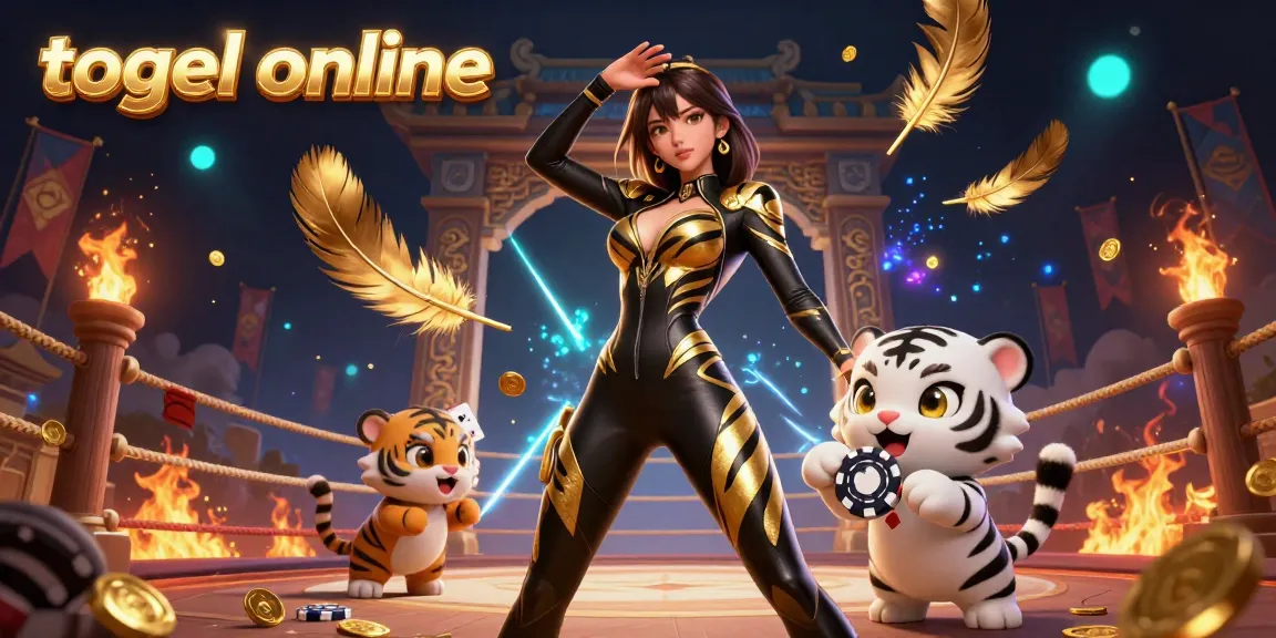 Togel online visualization showcasing a stunning woman in a black and gold catsuit with a playful baby white tiger, symbolizing dynamic gambling action.