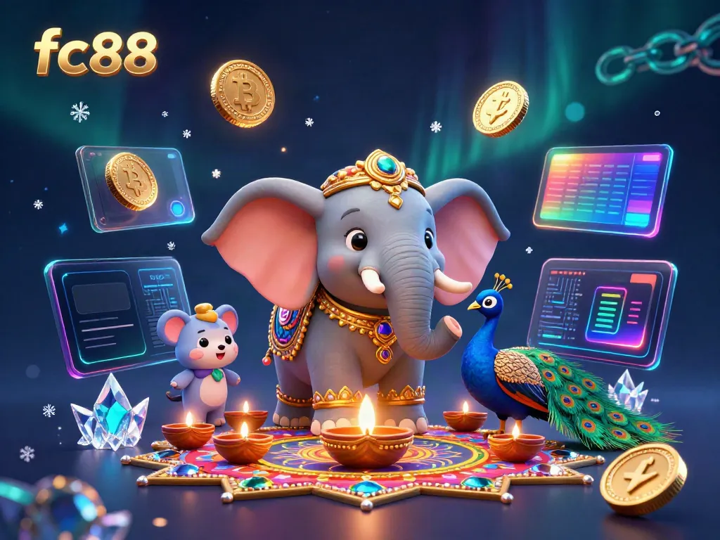 Experience the excitement of fc88 with a colorful 3D casino scene featuring vibrant characters and crypto elements.
