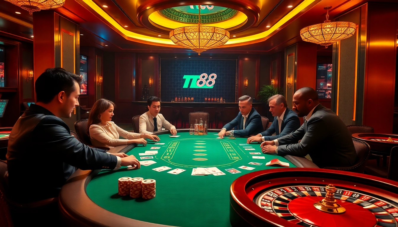 Gamblers enjoying an exciting poker game at tt88, surrounded by chips and cards in a luxurious casino environment.