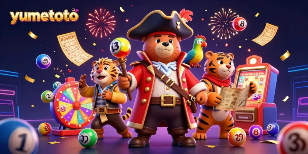 Experience thrilling gameplay with yumetoto, featuring a pirate bear, a tiger, and a parrot amid vibrant lottery elements.