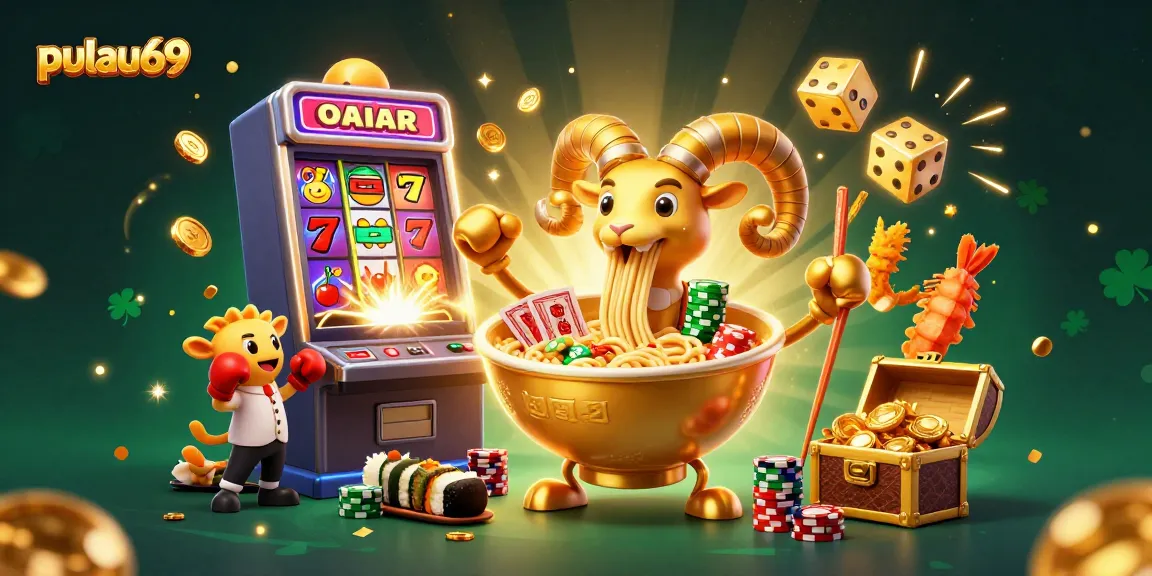 Pulau69 offers a vibrant casino experience featuring a golden ramen bowl character, bursting slot machines, and playful elements.