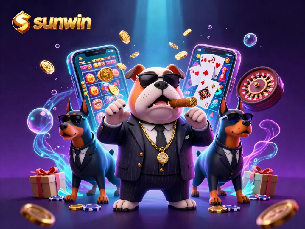 Immerse in sunwin's vibrant casino scene with a bulldog boss and animated game elements