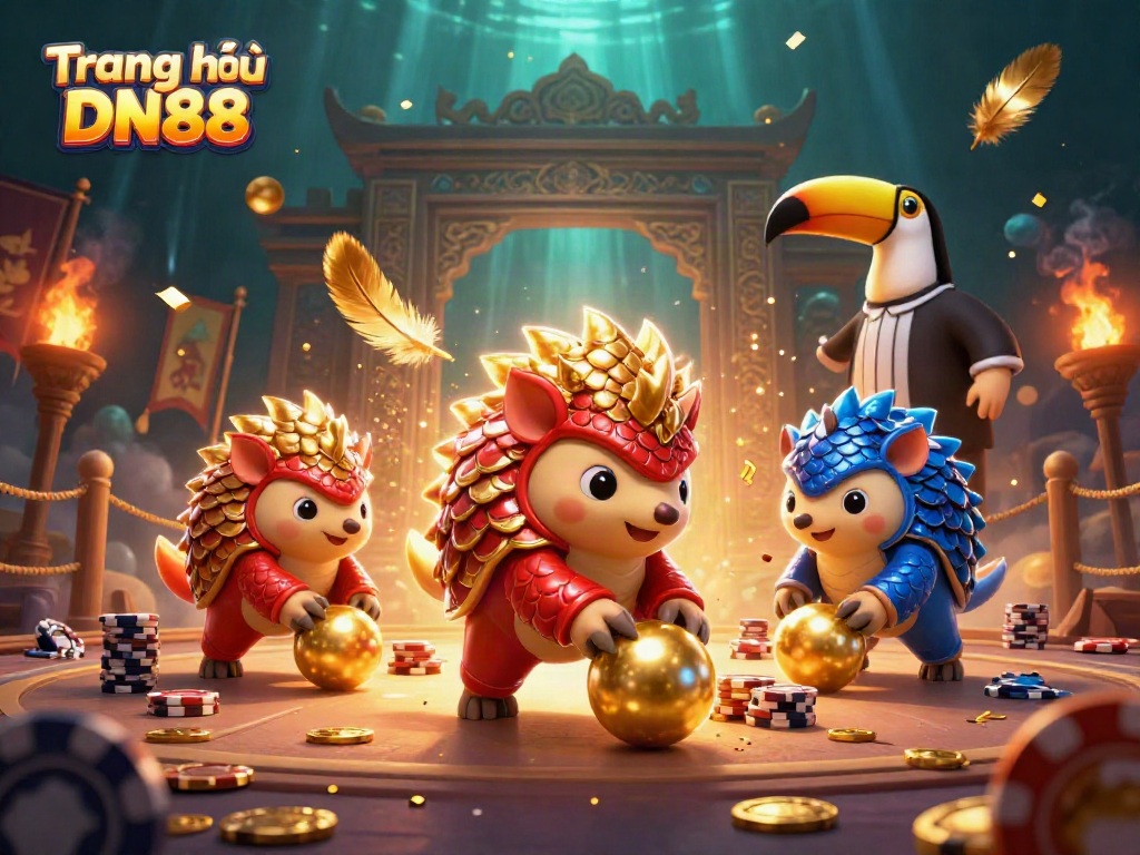 Experience the thrilling action on Trang chủ DN88 with pangolins bowling through poker chips in a vibrant casino scene.