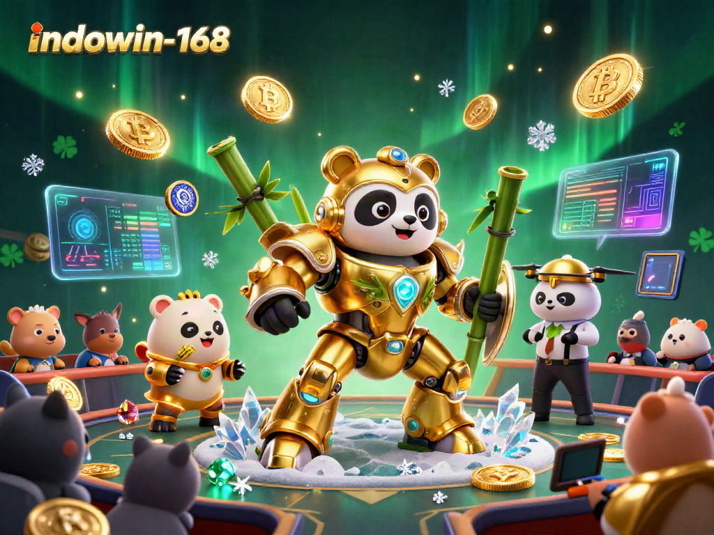Gambarkan pengalaman bermain di indowin-168 dengan panda emas berrobot di arena kasino yang dipenuhi koin Bitcoin dan Ethereum.