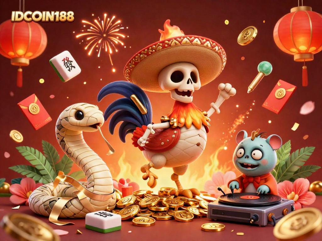 IDCOIN188 showcases dynamic casino fun with a festive rooster, mummy snake, and DJ hamster in an exciting winning scene.