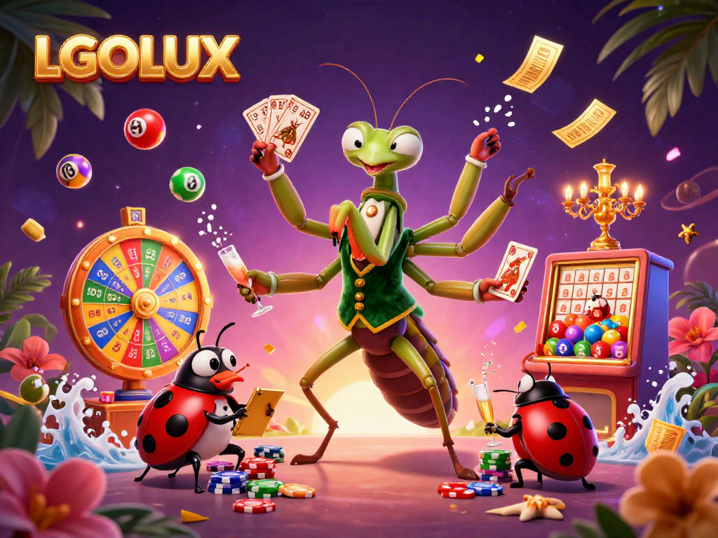 Experience thrilling games at LGOLUX with vibrant colors and dynamic casino elements in this illustration.