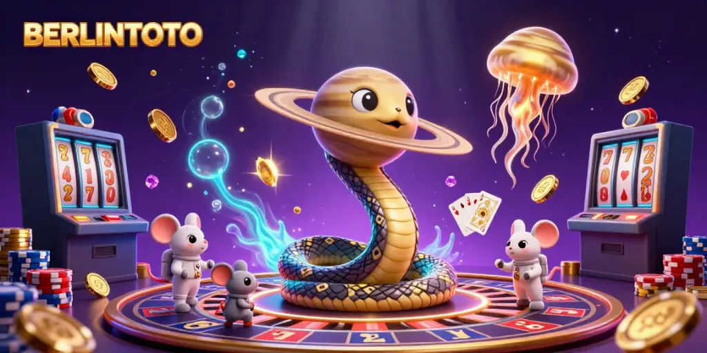 Experience the excitement of BERLINTOTO with a vibrant cosmic casino scene featuring playful characters and gambling elements.