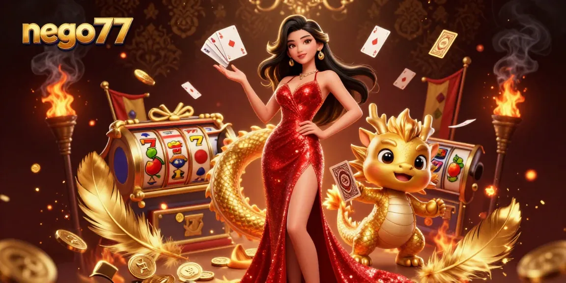 Experience excitement with nego77 as a stunning Asian woman and a golden dragon mascot capture the casino's vibrant spirit.