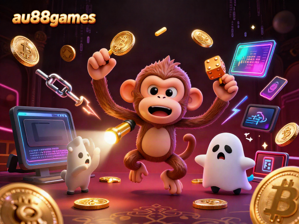 Join the excitement at au88games with a lively 3D illustration showcasing a mischievous monkey and ghost-hunter puppy in a vibrant haunted casino.