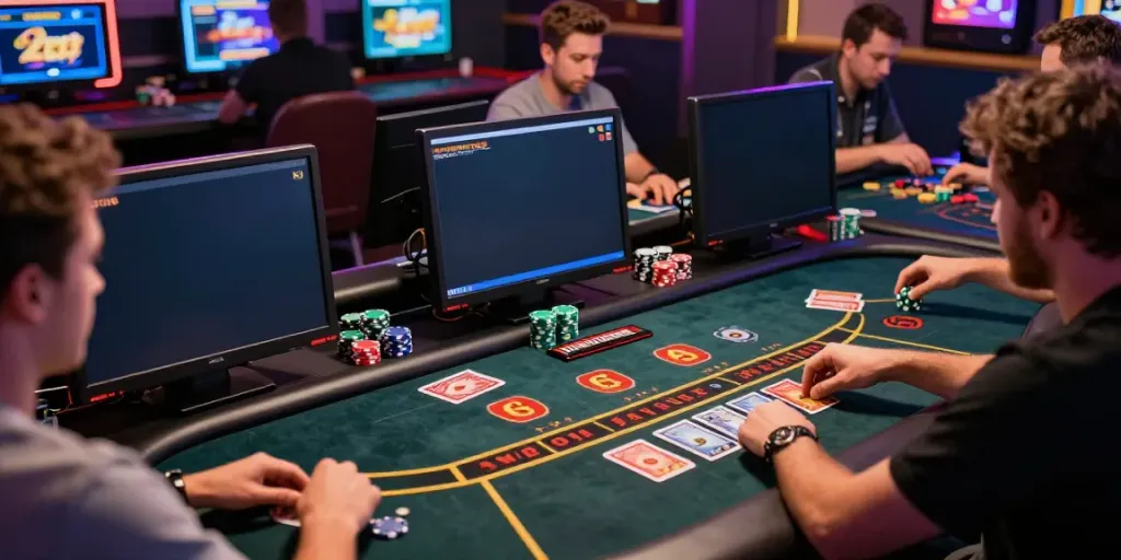 Exciting players enjoying various 2up casino games at a vibrant gaming table.