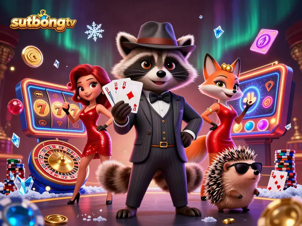 Win big with sutbongtv as the suave raccoon shows a royal flush amidst rich casino visuals.