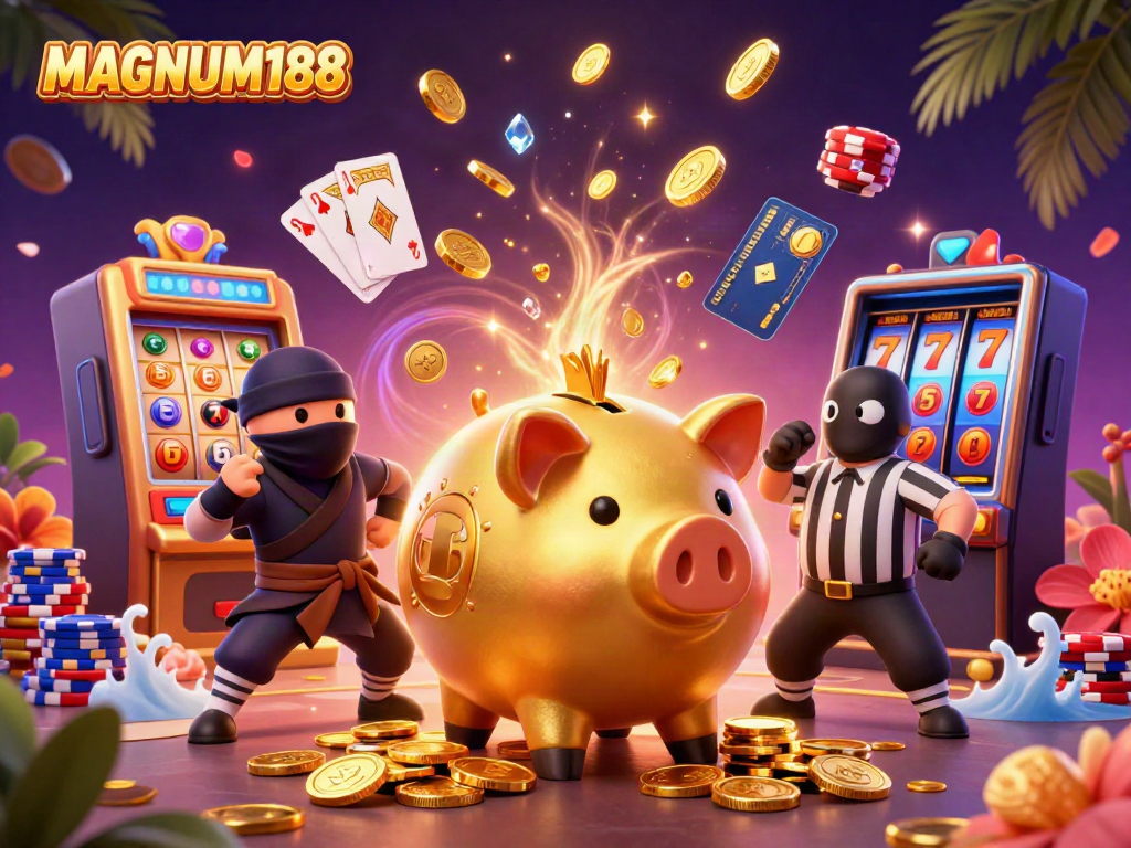 Experience winning excitement with MAGNUM188 as characters celebrate amidst cascades of coins and prizes.