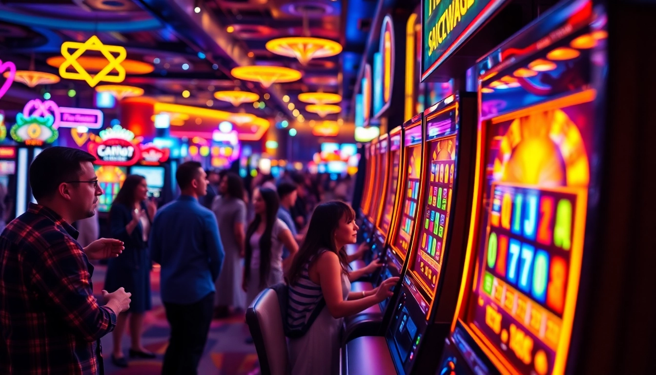 Bermain slot gacor di kasino penuh dengan lampu cerah dan pemain antusias.