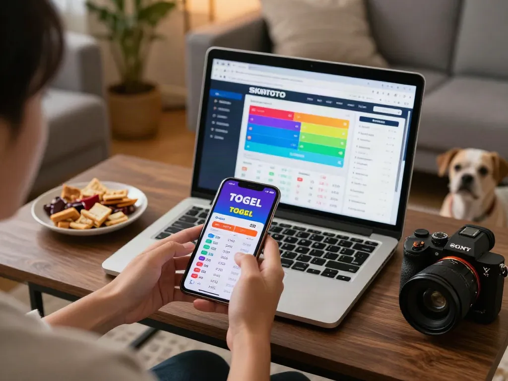 Pengguna SKINTOTO menempatkan taruhan togel online dengan nyaman di ruang tamu, dikelilingi perangkat elektronik.
