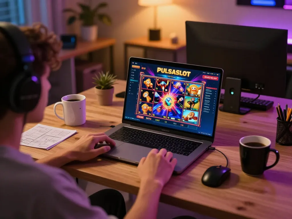 PULSASLOT player engaging in online gaming with vibrant slot display on laptop.