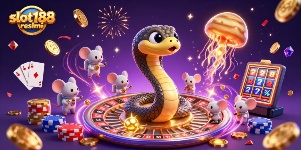 Permainan menarik dengan slot188 resmi di tengah gambar, menampilkan simbol jackpot dan koin emas.