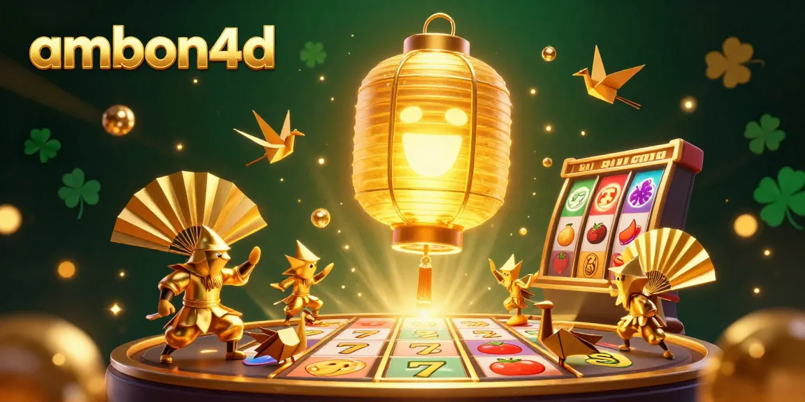 Engage with ambon4d's golden lantern spirit illuminating an online casino, showcasing vibrant slot games and lucky symbols.
