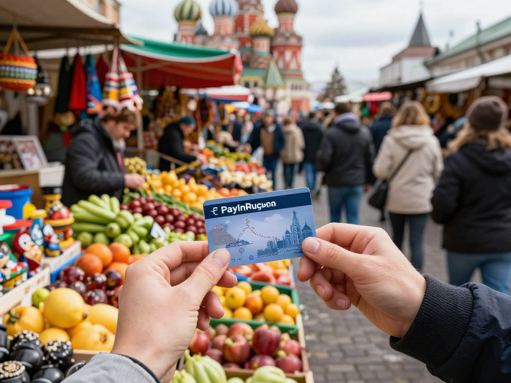 Pengunjung menggunakan https://payinrussia.com/ untuk berbelanja di pasar lokal yang ramai di Moskow.