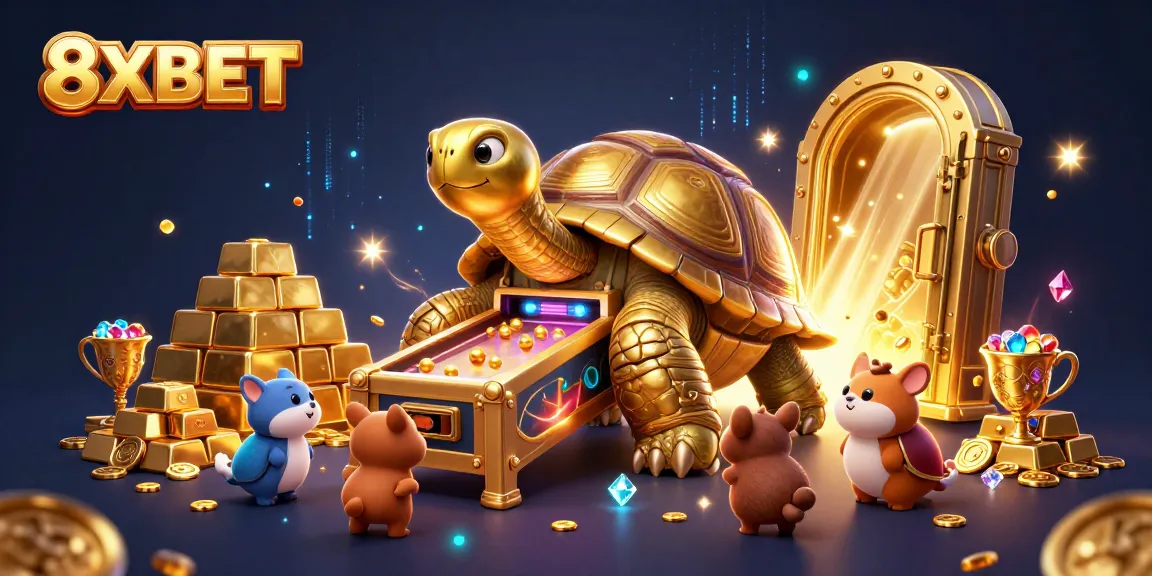 Cute animals enjoy gaming excitement at 8XBET's colossal pinball machine, with treasures surrounding them