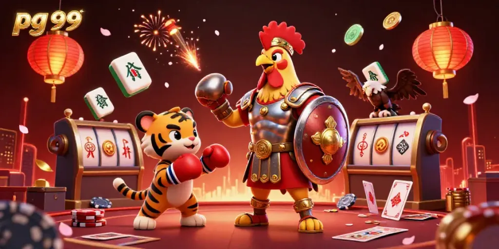 Experience explosive gaming action with pg 99 as the gladiator rooster leads surrounded by vibrant casino elements.