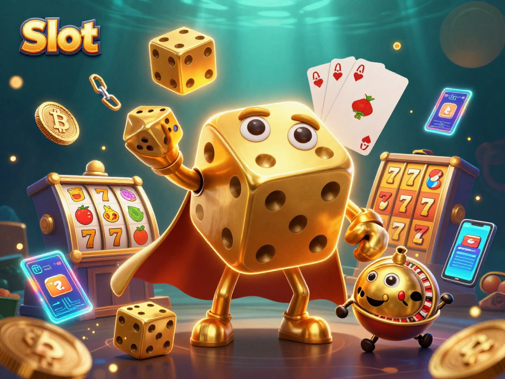 Experience thrilling Slot action with golden dice characters, vibrant coins, and dynamic game elements.